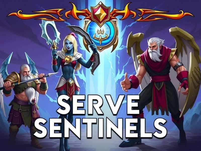 Serve Sentinels Game Banner Showcasing Mythological Characters